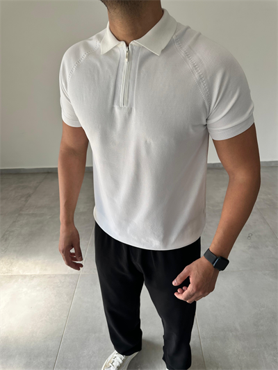 Polo Yaka Örgü Desenli Beyaz Renk Triko T-Shirt
