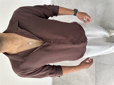 Kahve Modal Kumaş Oversize Basic Gömlek