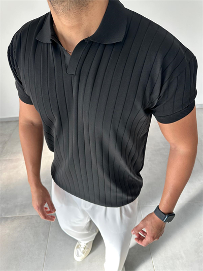 Siyah Renk Şerit Detaylı Polo Yaka T-Shirt