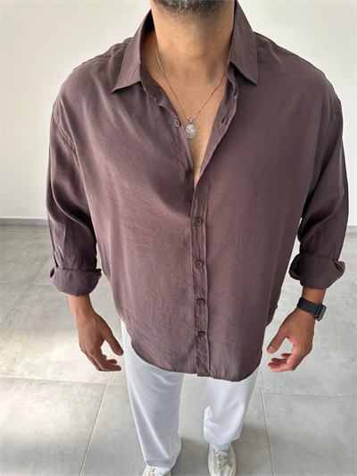 Kahve Renk Modal Kumaş Oversize Kesim Basic Gömlek