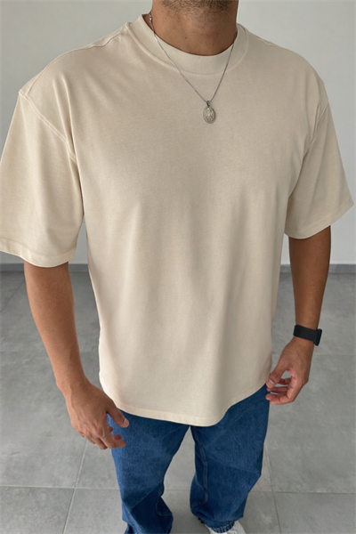 Bej  Renk Oversize Kesim Basic T-Shirt