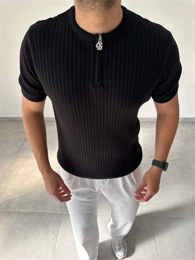 Siyah Renk Fermuar Detaylı Premium Kalite Basic Triko T-Shirt