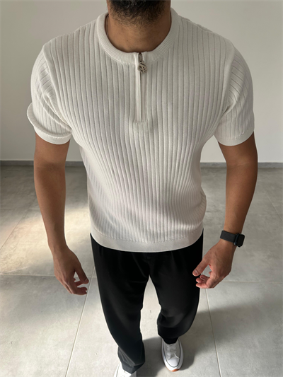Beyaz Renk Fermuar Detaylı Premium Kalite Basic Triko T-Shirt
