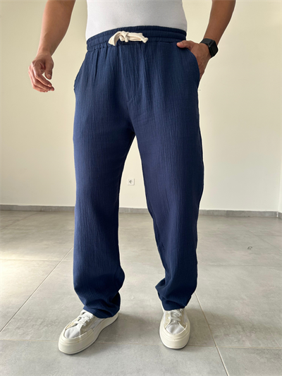Lacivert Renk Müslin Keten Baggy Pantolon