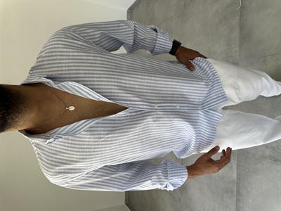 Bebe Mavisi İnce Çizgili Oversize Keten Gömlek
