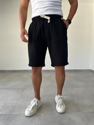 Siyah Renk Bel Kısmı Lastikli Relax Fit Keten Şort