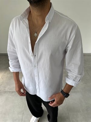 Beyaz Relax Fit Keten Gömlek