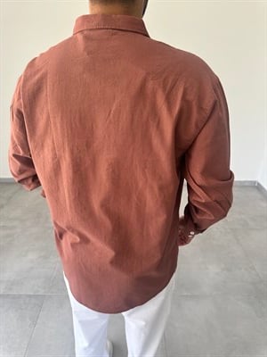 Kahve Renk Oversize Kesim Fresh Keten Gömlek