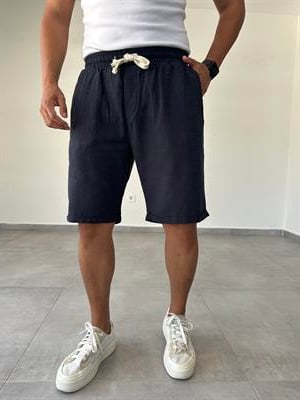 Koyu Lacivert Renk Bel Kısmı Lastikli Relax Fit Keten Şort