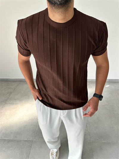 Şerit Detaylı Kahve Renk Basic T-Shirt