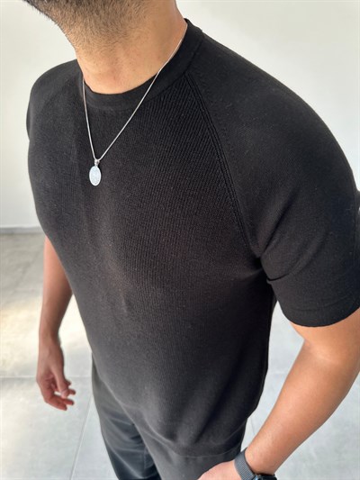 Reglan Kol Detaylı Siyah Renk Premium Kalite Basic Triko T-Shirt