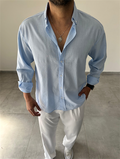 Bebe Mavisi Oversize Kesim Fresh Keten Gömlek