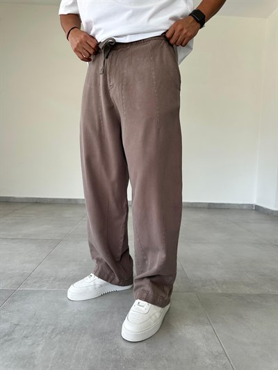 Kahve Renk  Dikiş Detaylı Bol Kesim Gabardin Baggy