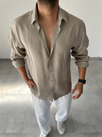 Modal Kumaş Haki Yeşil Renk Oversize Kesim Gömlek