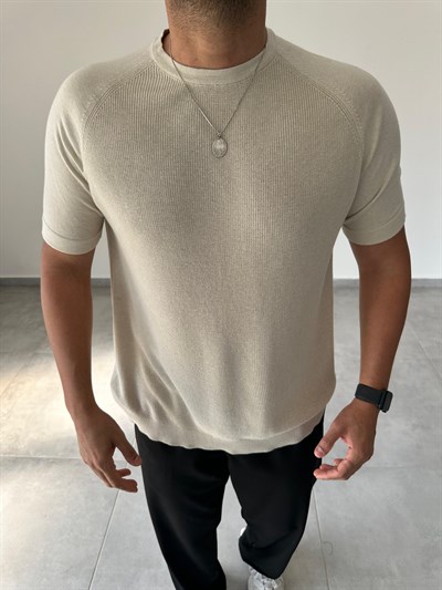 Reglan Kol Detaylı Bej Renk Premium Kalite Basic Triko T-Shirt