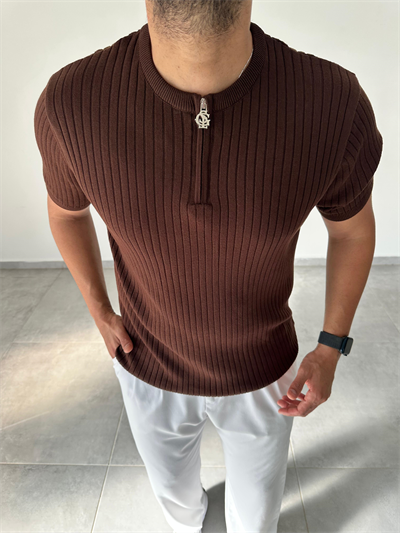Kahve Renk Fermuar Detaylı Premium Kalite Basic Triko T-Shirt
