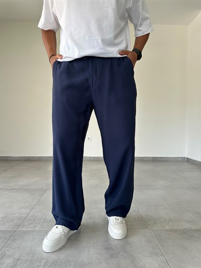 Tensel Kumaş Bel Kısmı Lastik Ve Bağcık Detaylı Lacivert Renk Baggy Pantolon