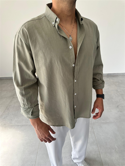 Haki Yeşili Oversize Kesim Fresh Keten Gömlek