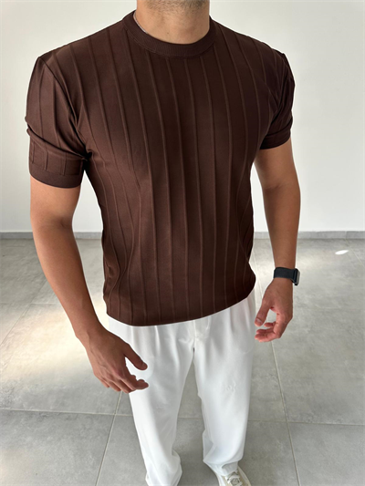 Şerit Detaylı Kahve Renk Basic T-Shirt