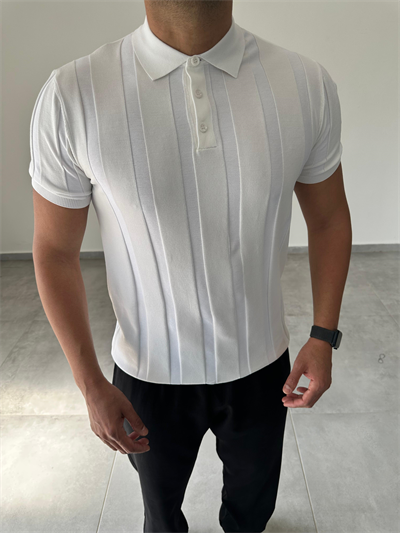 Polo Yaka  Şerit Detaylı Beyaz Renk Triko T-Shirt
