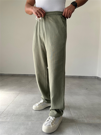 Haki Yeşil Renk Müslin Keten Baggy Pantolon