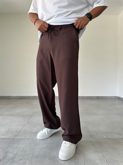 Tensel Kumaş Bel Kısmı Lastik Ve Bağcık Detaylı Kahve Renk Baggy Pantolon