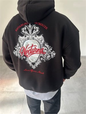 Siyah Nocturna Pantch Ve Baskı Detaylı Premium Kapüşonlu Sweatshirt