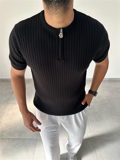 Siyah Renk Fermuar Detaylı Premium Kalite Basic Triko T-Shirt