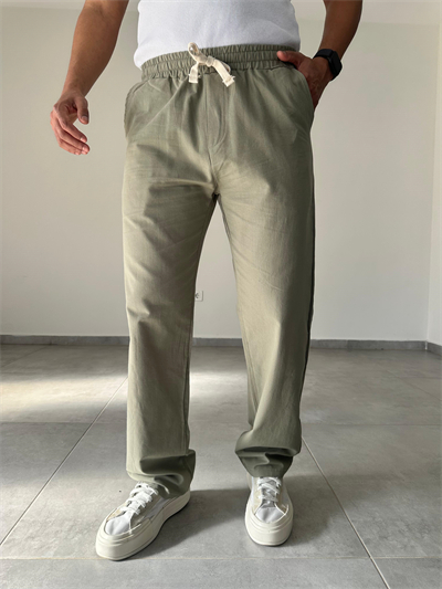 Haki Yeşil Renk Yıkamalı Bel Kısmı Lastikli Baggy Keten Pantolon
