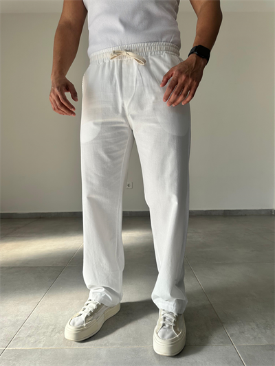 Beyaz Renk Yıkamalı Bel Kısmı Lastikli Baggy Keten Pantolon