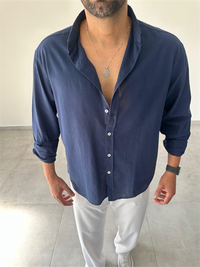 Lacivert Renk Oversize Kesim Fresh Keten Gömlek