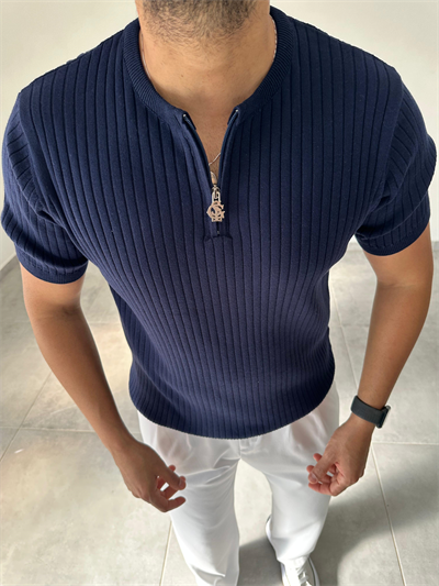 Lacivert Renk Fermuar Detaylı Premium Kalite Basic Triko T-Shirt