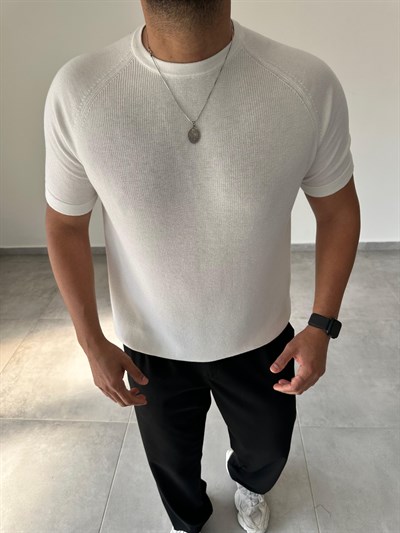 Reglan Kol Detaylı Beyaz Renk Premium Kalite Basic Triko T-Shirt