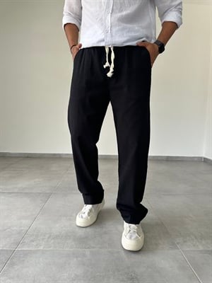 Siyah Renk Bel Kısmı Lastikli Rahat Kesim Keten Baggy Pantolon
