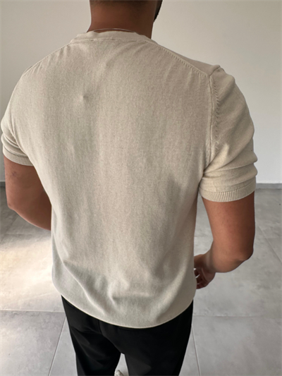 Düğme Detaylı Bej Renk  Premium Kalite Basic Triko T-Shirt