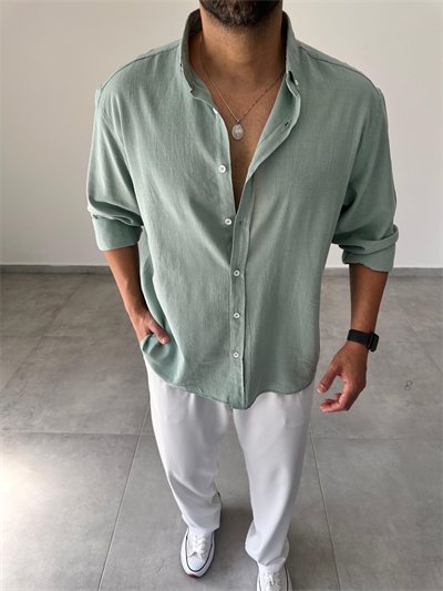 Mint Yeşili Oversize Kesim Fresh Keten Gömlek