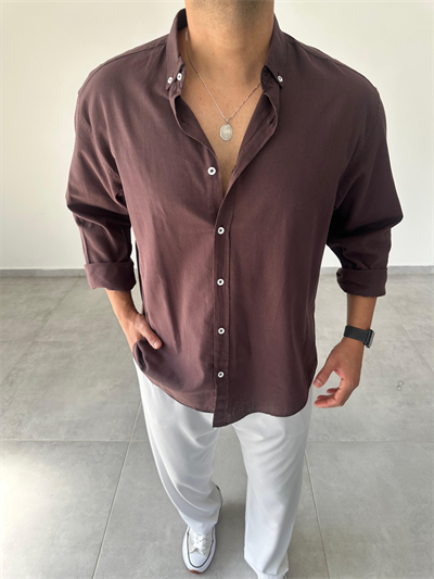 Kahve Renk Oversize Kesim Fresh Keten Gömlek