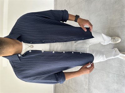 Lacivert Renk Çizgili Oversize Keten Gömlek