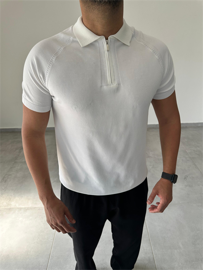 Polo Yaka Örgü Desenli Beyaz Renk Triko T-Shirt