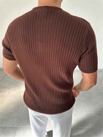 Kahve Renk Fermuar Detaylı Premium Kalite Basic Triko T-Shirt