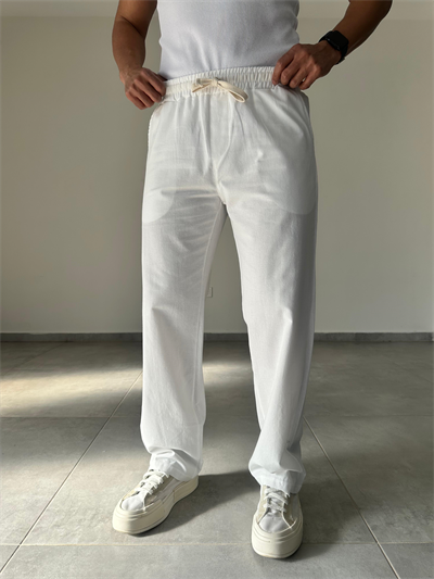 Beyaz Renk Yıkamalı Bel Kısmı Lastikli Baggy Keten Pantolon