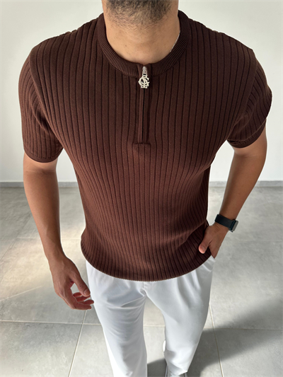 Kahve Renk Fermuar Detaylı Premium Kalite Basic Triko T-Shirt