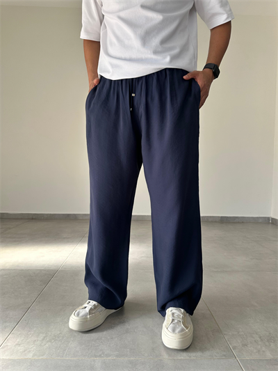 Tensel Kumaş Lacivert Renk Rahat Kesim İnce Baggy Pantolon
