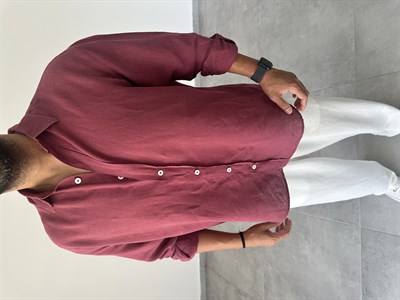 Ham Keten Oversize Kesim Bordo Renk Premium Keten Gömlek