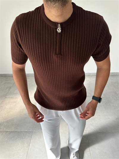 Kahve Renk Fermuar Detaylı Premium Kalite Basic Triko T-Shirt
