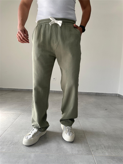 Haki Yeşil Renk Müslin Keten Baggy Pantolon