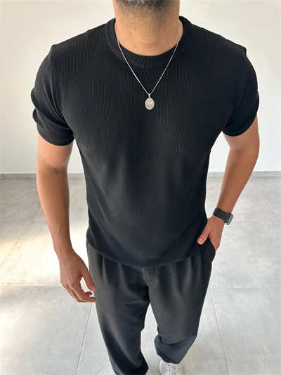 Siyah Renk Selanik Örme Regular Fit T-Shirt