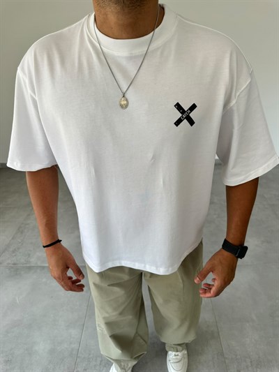 Beyaz Renk Catch Baskılı Crop Fit Oversize T-Shirt