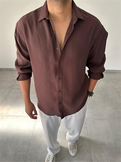 Modal Kumaş Kahve Renk Oversize Kesim Gömlek
