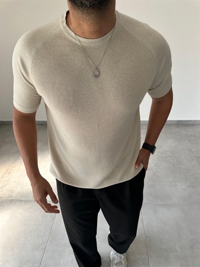 Reglan Kol Detaylı Bej Renk Premium Kalite Basic Triko T-Shirt